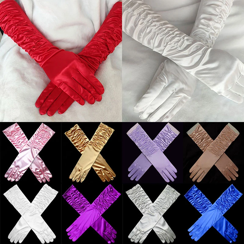 Dámske večierky Formálne rukavice SAKÁLNE SATIN SATIN Long Full Fring Ru rusklákmi pre udalosti