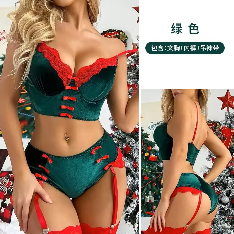 Dámske vianočné spodné prádlo zamatové ženské spodné prádlo Bowknot Lace Patchwork Intímny luxusný festival sexy set žien 2 kusové súpravy