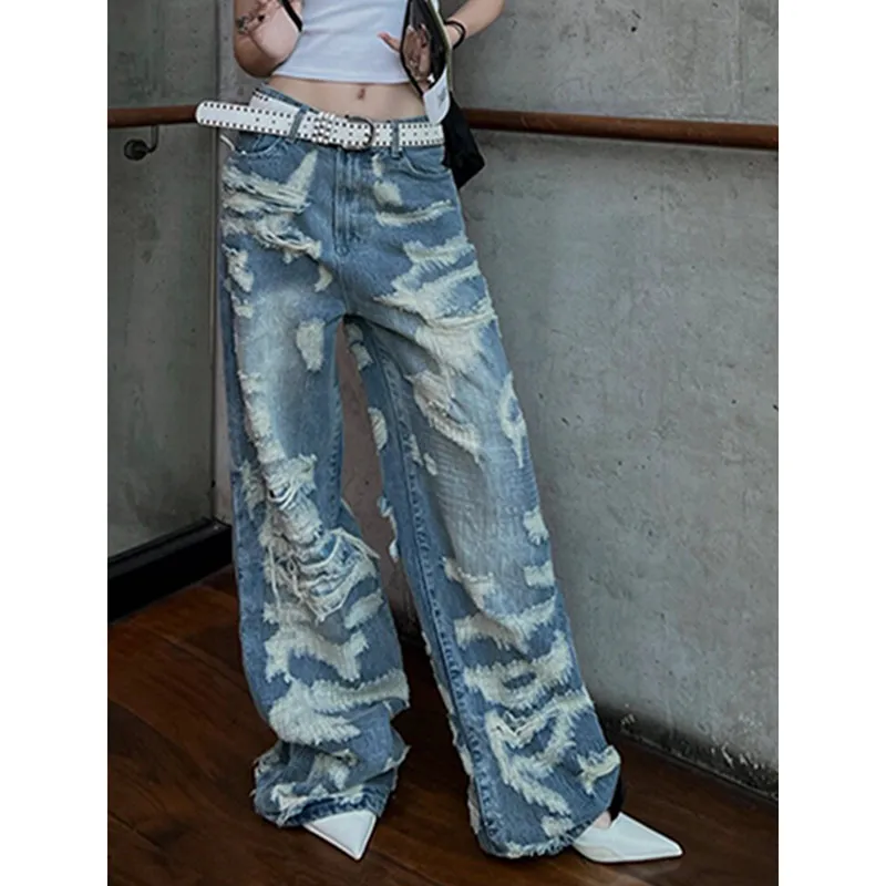 Dámske vintage modré roztrhané džínsy vreckové džínsové nohavice 2000. storočia Vysoký pás Kórejský Y2K Streetwear ženské punkové nohavice na nohy nohavice oblečenie