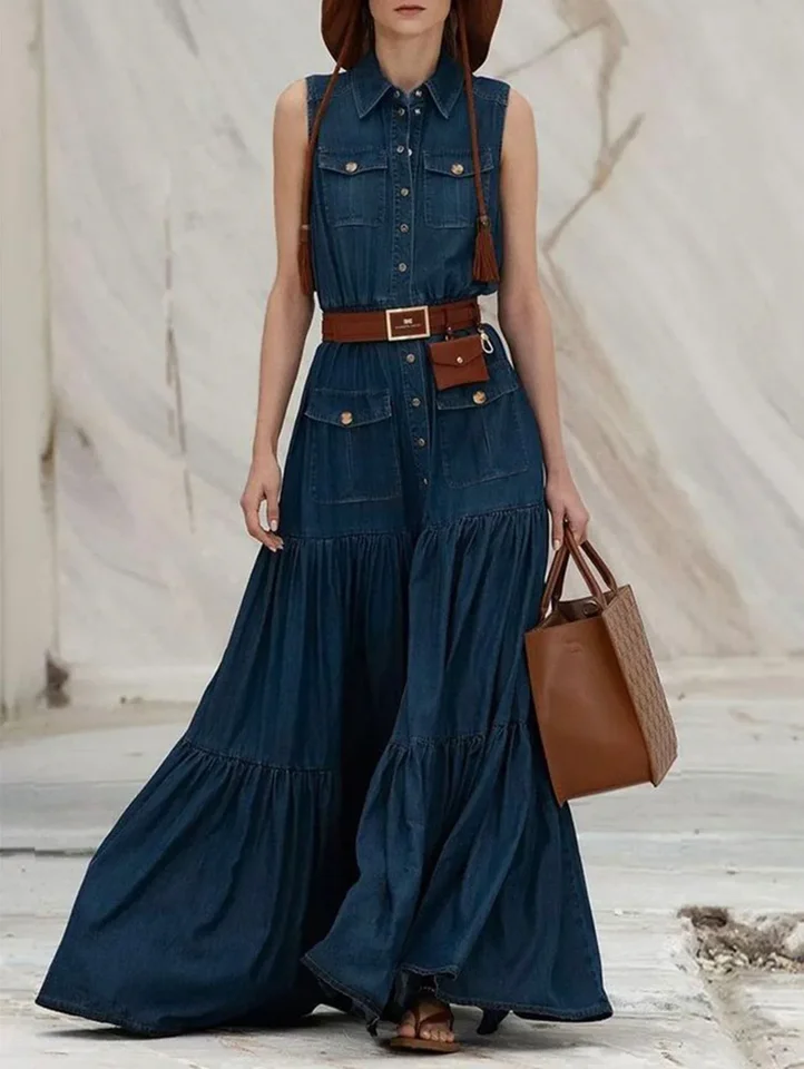 Dámske vintage skladané A-line Tank Dress High Street Príležitostné letné módne džínsové džínsové s obojkom a vrecká 2025