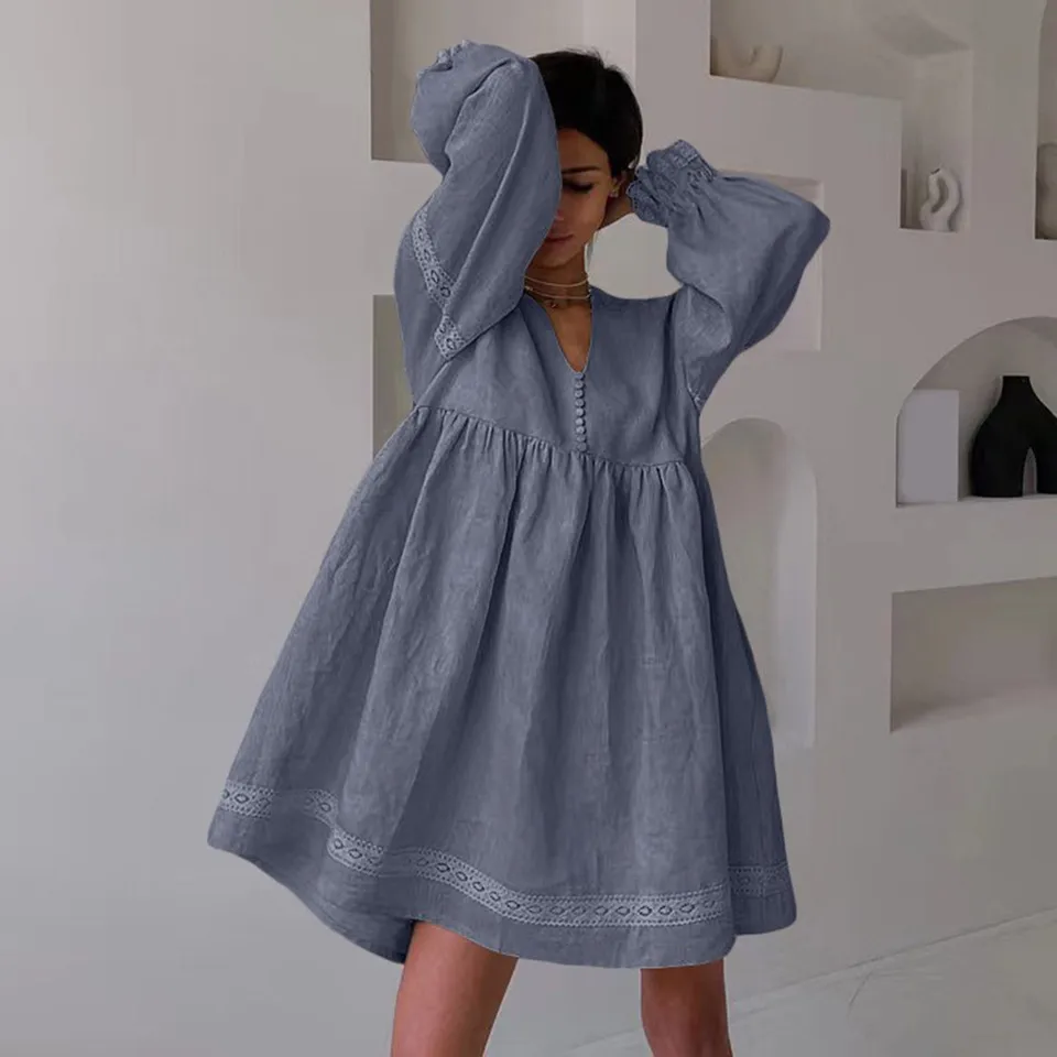 Dámske voľné letné šaty elegantné dochádzajúce dlhé rukávy V krk bavlnené šaty čipkované gombíky boho plážové nadmerné Vestidos
