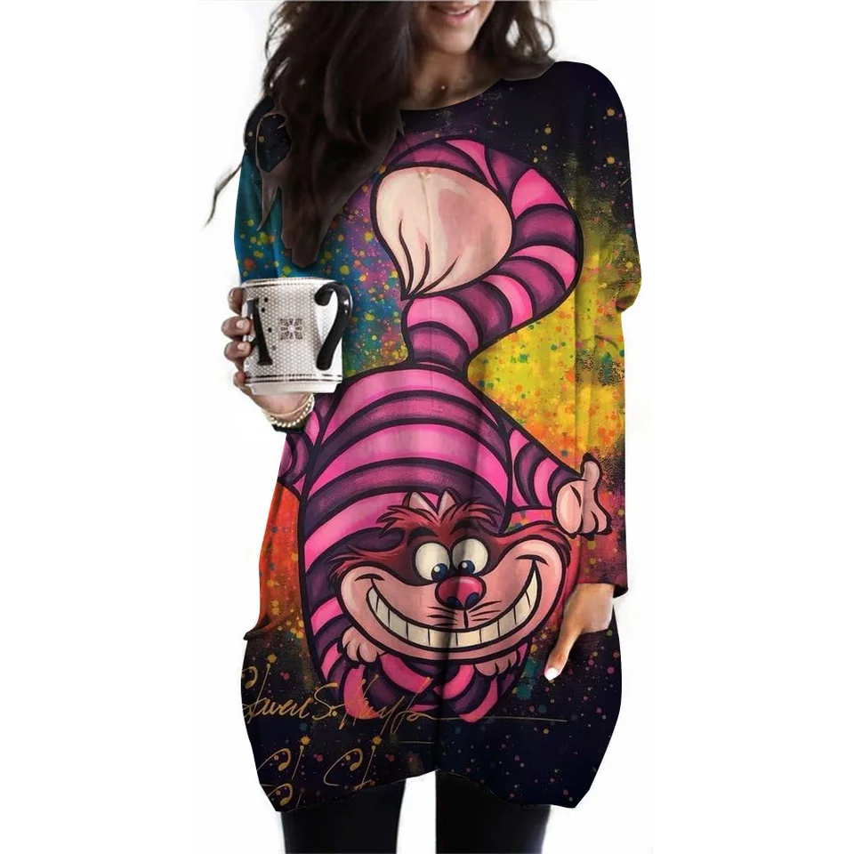 Dámske vreckové tričko Disney Princess Fashion Loose dlhý rukáv Cheshire Cat Tlačené okrúhly krk vrecko Tričko Top dámska spor