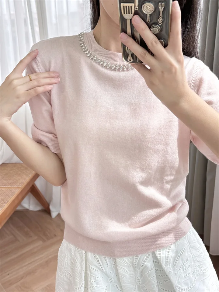 Dámske výstrih Diamond Knit Tshirt ružový krátky rukáv 2024 letné sladké dámske dámske pletené pletené tričko