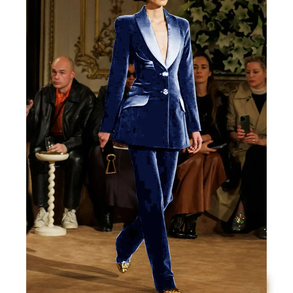 Dámske zamatové oblečenie pre ženy 2-dielne súprava (bunda + nohavice) Chic a Elegantná žena Set Green Fruit Gollar Sets Blazer