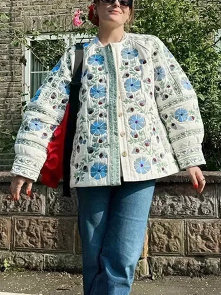 Dámske zimné bundy s dlhým rukávom kvetinové vzory elegantný štýl okrúhly krk gombíka módna prešívaná prešívaná bunda
