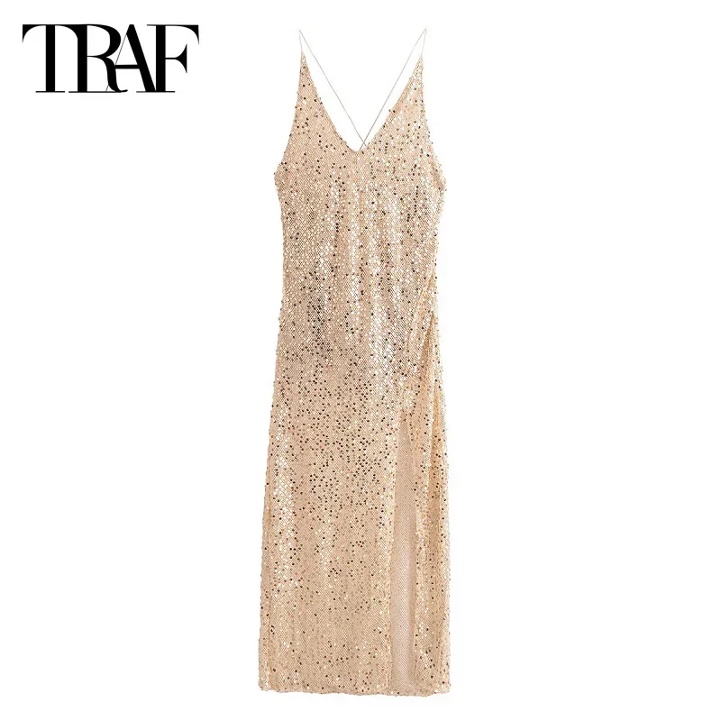 Dámske zlaté dlhé šaty Traf 2024 MIDI Flifred Slip Chatses bez rukávov bez backless Vestidos elegantné párty šaty plesové šaty