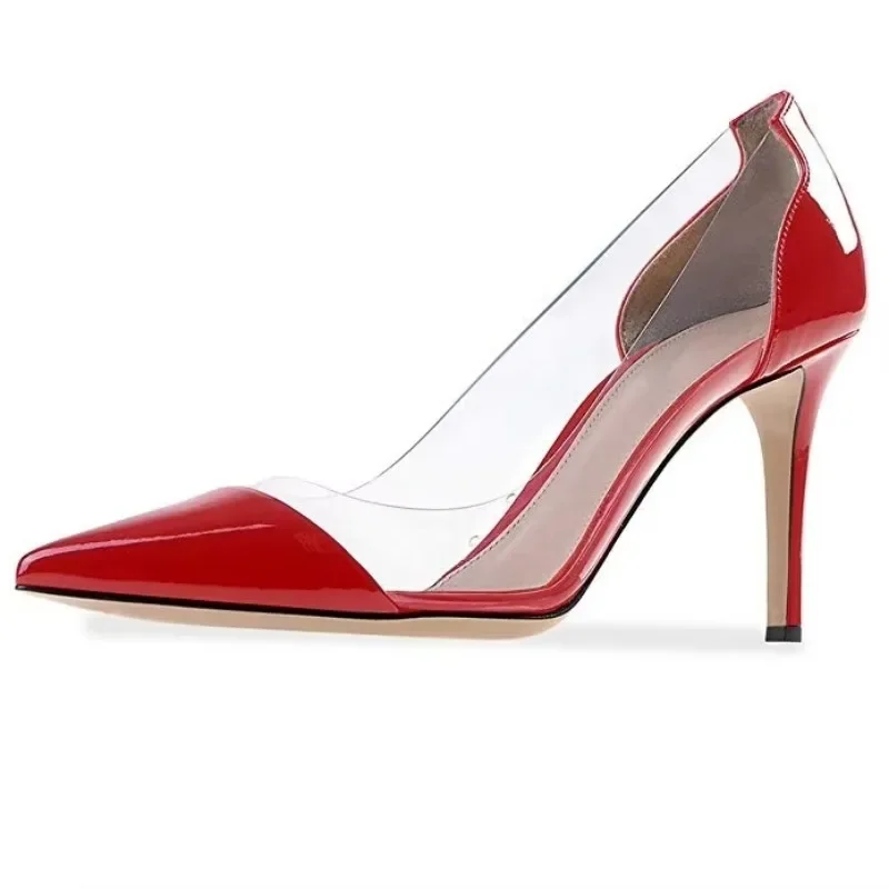 Dámske čerpadlá Stilettos 9 cm priehľadné PVC vysoké podpätky Sexy špicaté špicaté špicaté špicaté špičky Slip-On Plytle červené šaty Svadobné topánky plus veľkosť 42