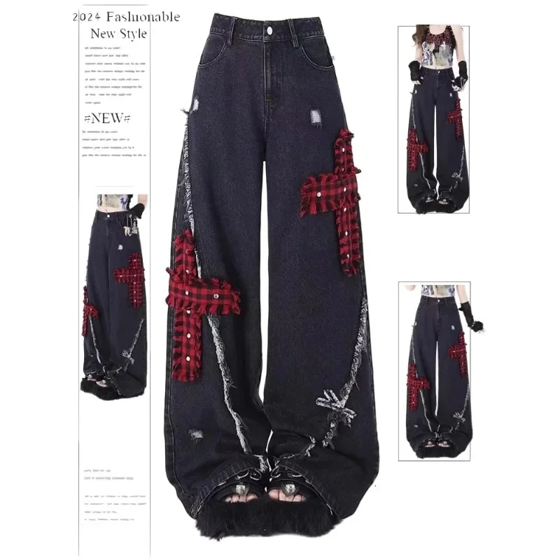 Dámske čierne gotické bagy y2k džínsy Vintage Streetwear Cowboy Cowboy Pants Harajuku Denim nohavice estetické emo hanebné oblečenie 2000 -tych rokov