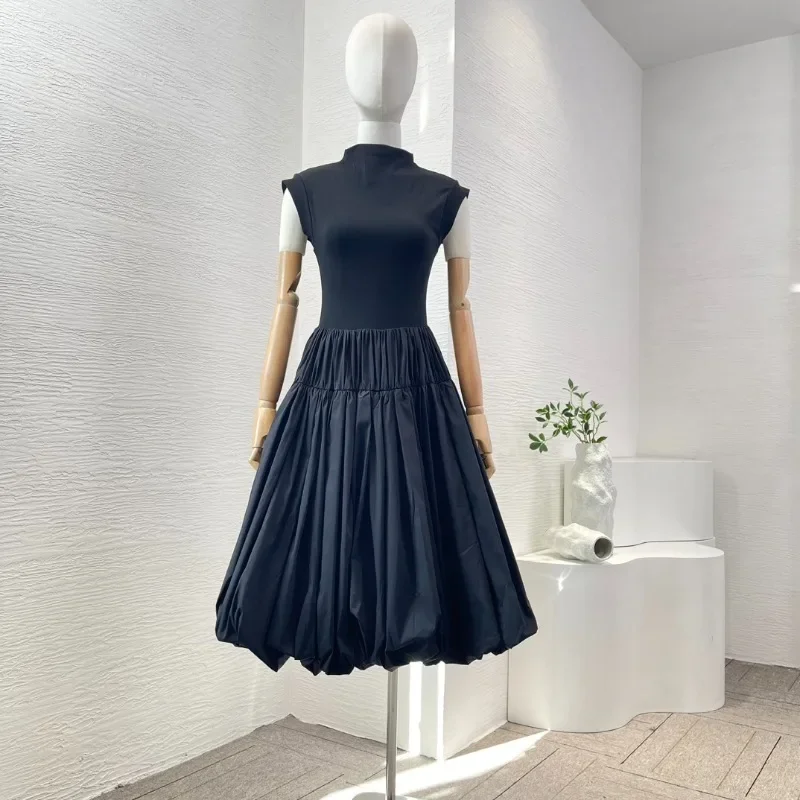 Dámske čierne rukávy bez rukávov Rufy Hem Ruched Midi Stand Collar Dress pre 2024 New Ariivals letné elegantné šaty