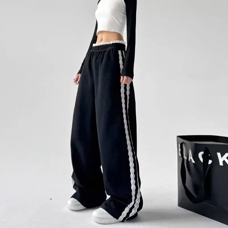 Dámske čipkové okrajové pruhované zostrihové nohavice Y2K Kórejské vydanie Harajuku High Was Sports Street Dance Dance Loose Wide Wegs Pants Obliekanie