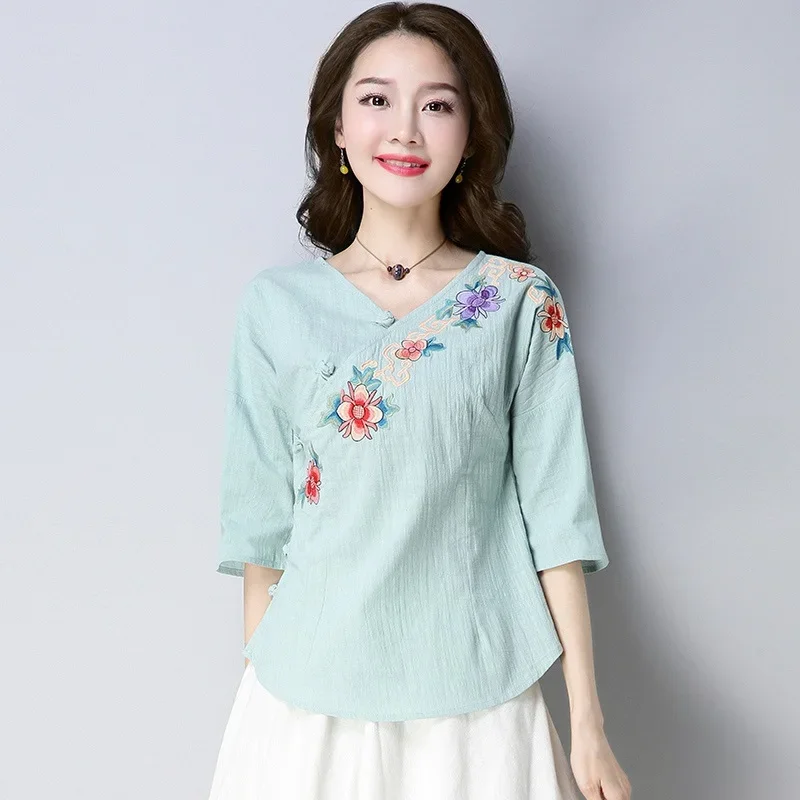 Dámske čínske topy Hanfu výšivka vintage košeľa Etnická literárna literárna cheongsam top bavlnená bielizeň Čínsky štýl oblečenie Ženy 11091