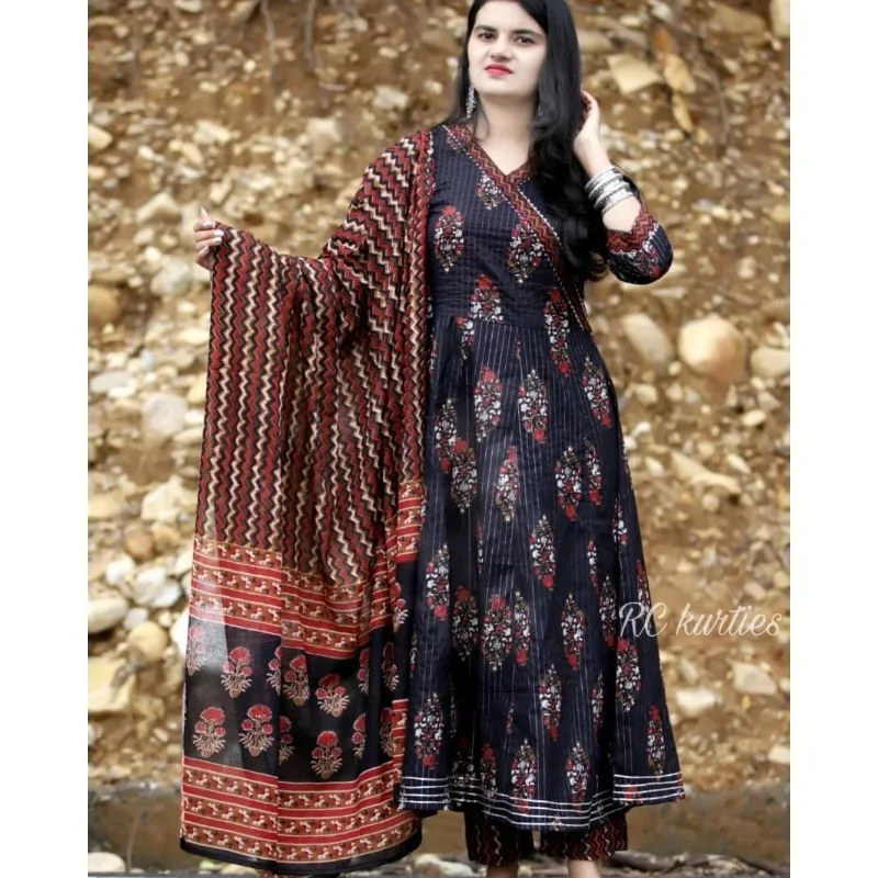 Dámske šachovnice Tlačené bavlnené reproduktory Anarkali Kurti nohavice s Dupatta Stitching Top
