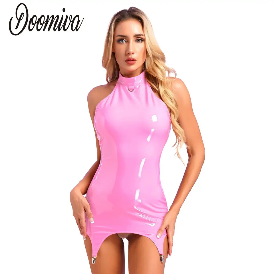 Dámske šaty latex Bodycon s podväzkovými podväzkami patentovou koženou haleničkou MinIdress bez rukávov zips Party Dress for Club Rave