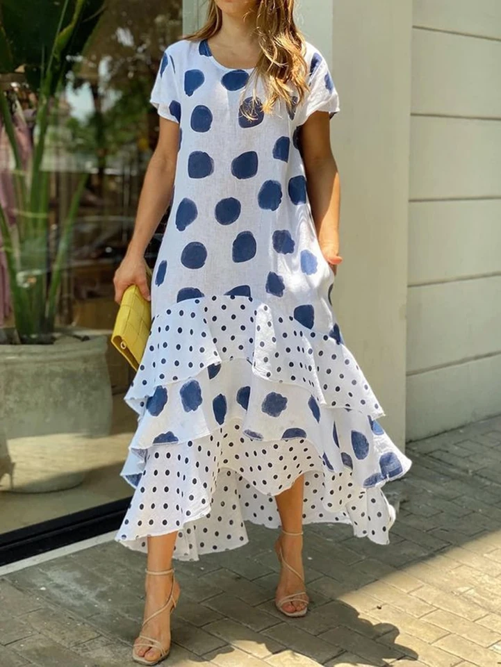 Dámske šaty leto 2022 Sexy o krk dot potlač boho plážové šaty kaskádové voláčku krátky rukáv maxi šaty obal slnečné okuliare Sundress