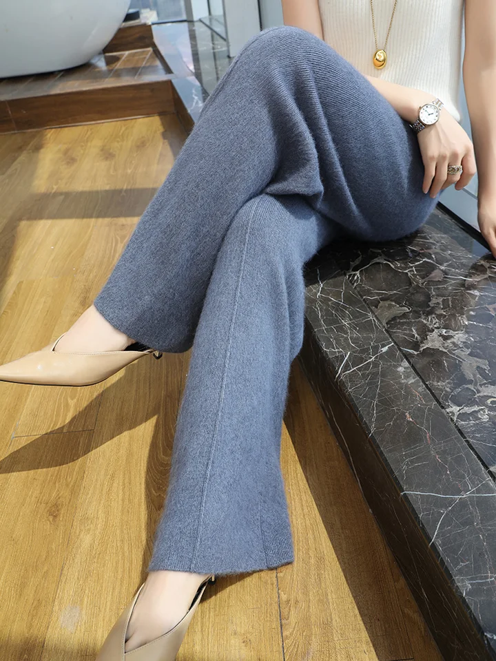 Dámsky 100% nork Cashmere široké nohavice na nohavice na jeseň zimná kancelária Lady jednoduchý štýl pletené nohavice na nohavice elastické pásy
