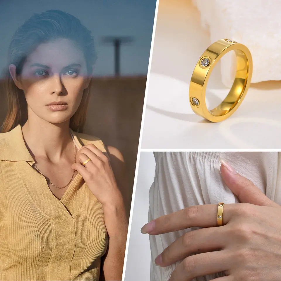 Dámsky denný kubický zirkónia Love Promise Rings, Zlatá farba z nehrdzavejúcej ocele Svadobná skupina šperky narodeniny darčeky pre dievčatá milencom