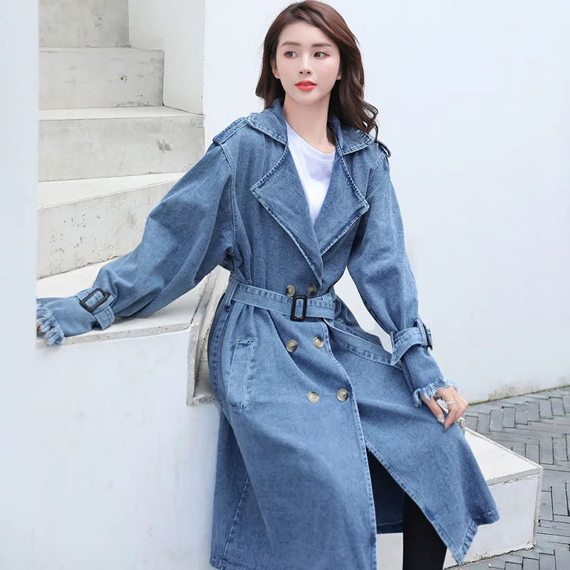 Dámsky džínsový zákopový kabát 2025 Jesenné dvojité Breast Breast Casual Jean Overcoat Loose Long Long Windbreaker Bunda