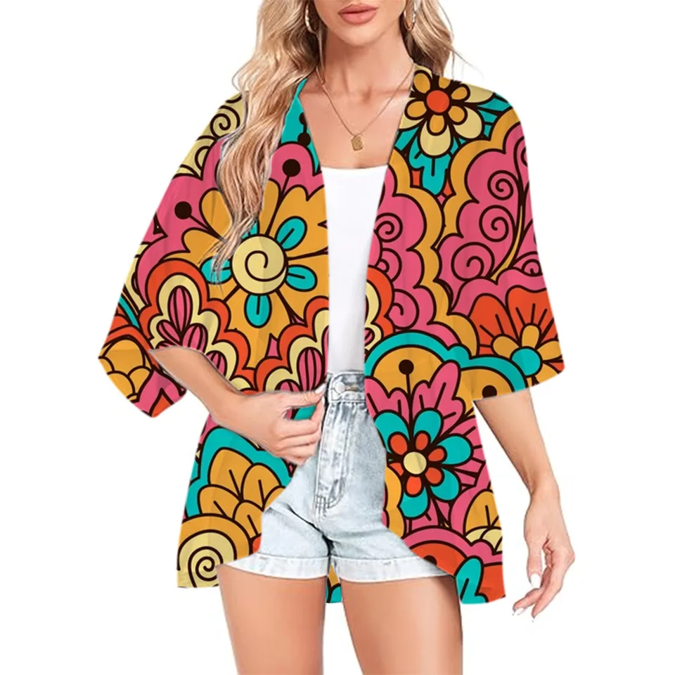 Dámsky etnický vzor Vytlačený šifón Kimono Cardigan Loose Beach Blúzka Half Ruckve Tops Sexy košeľa plavky pláž neformálne