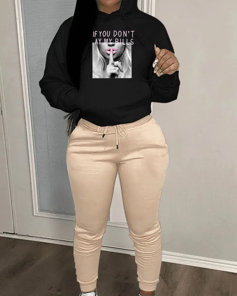 Dámsky list potlač 2 -dielne oblečenie Teddy Bear Letter Print Kangaroo Pocket Tracksuit Set Mikina s dlhým rukávom a nohavice