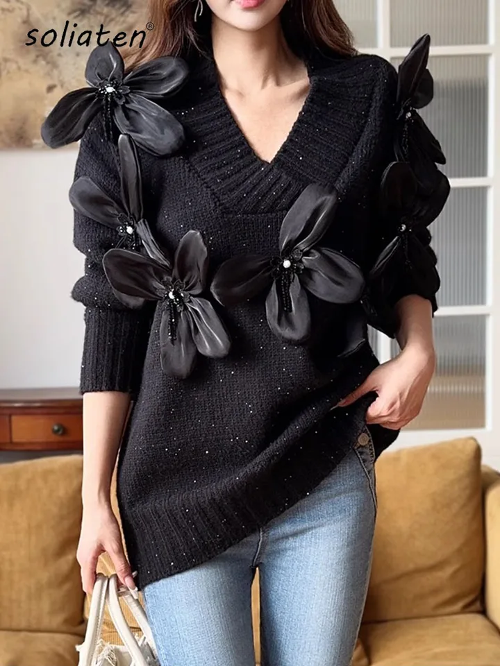 Dámsky luxusný 3D kvetina s dlhým rukávom dlhé topy s dlhým rukávom Party Party Club Flitry Ručne vyrobené diamanty s korálkovým krkom Sweater C-336