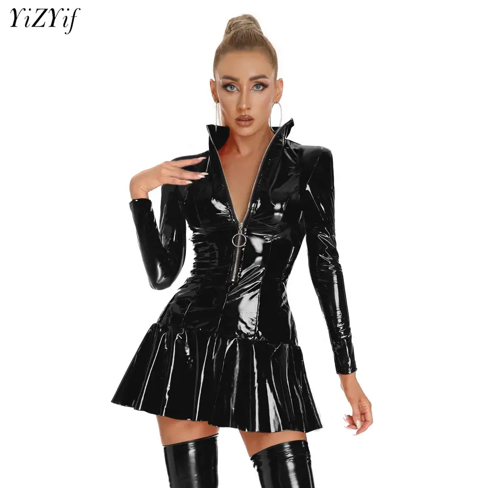 Dámsky mokrý vzhľad latex kožené šaty Bodycon Dress Turtleneck predný zips mini šaty lesklý rave tanec