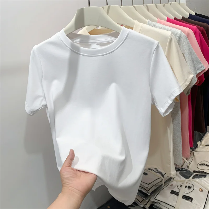 Dámsky neformálny okrúhly krk s krátkym rukávom Solid Basic Crop Top Tričko