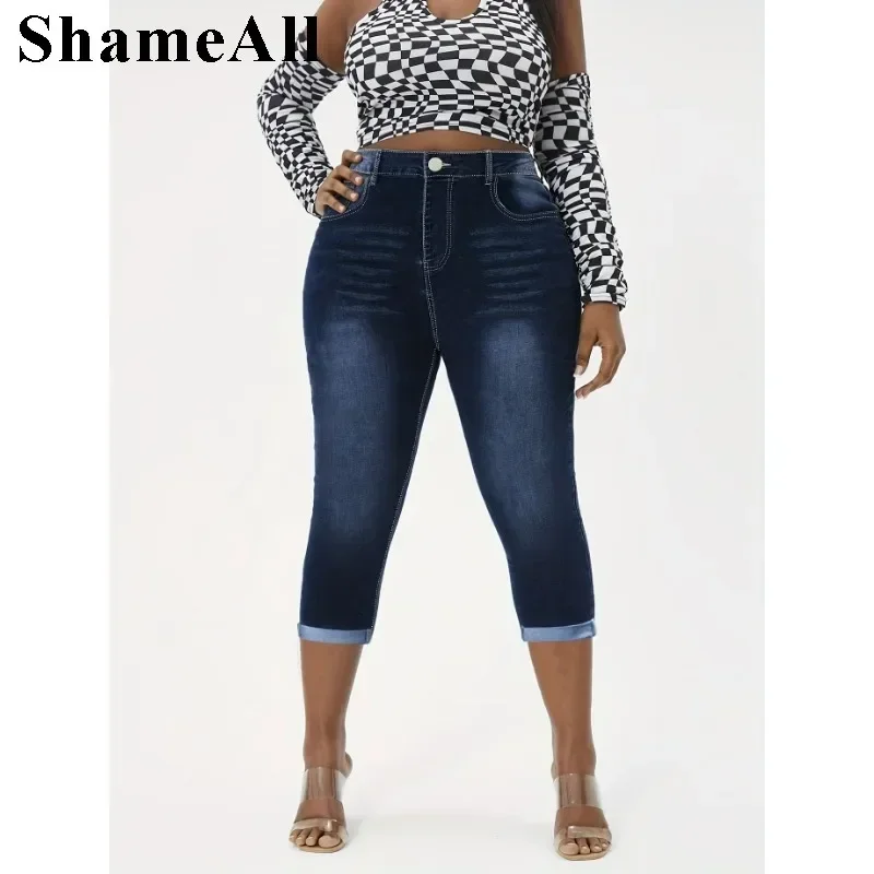 Dámsky plus umytý gombík High Rise Roly Roll Up Hem Skinny Capri Jeans