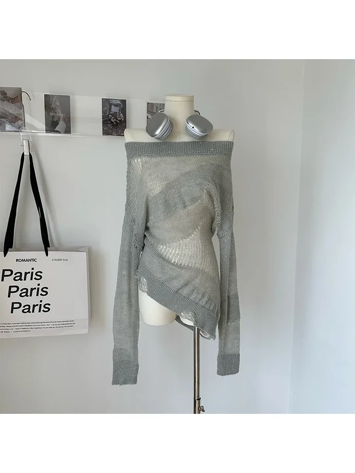 Dámsky pullover pletený roztrhaný sveter harajuku s dlhým rukávom pletené svetre svetre Kórejské y2k 2000. storočie 90. rokov estetické vintage oblečenie