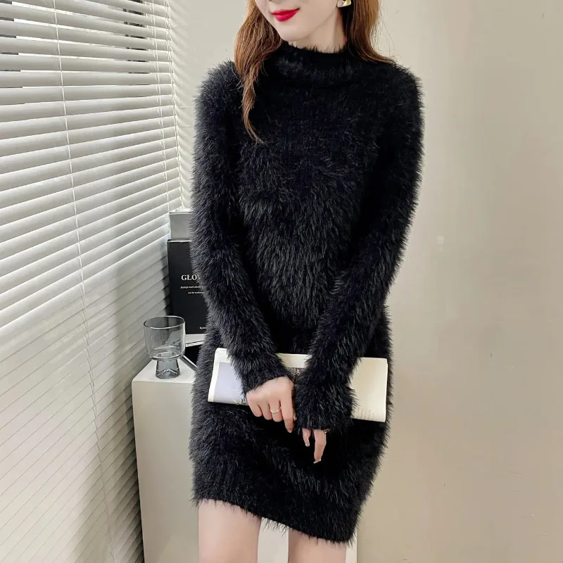 Dámsky pullover sveter vonku, ktorý nosí novú jesennú zimnú imitáciu Mink Fleece Middhen Dlhá Kórejská dlhá pletená základná košeľa šaty