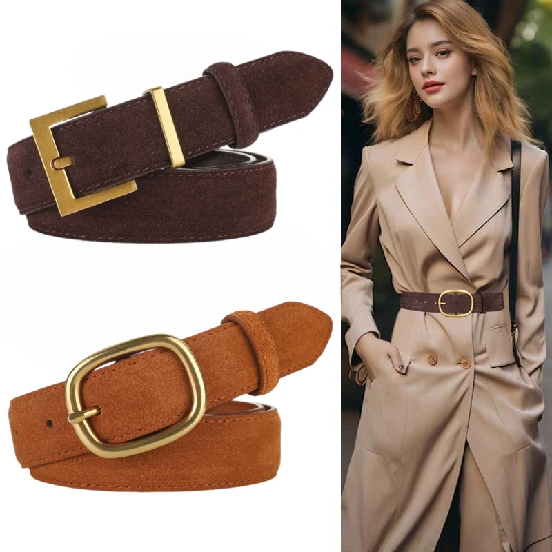 Dámsky vintage Snowflake Suede Leather Belt, zlatá pracka, skutočný pásový pásový pás pre džínsy a šaty