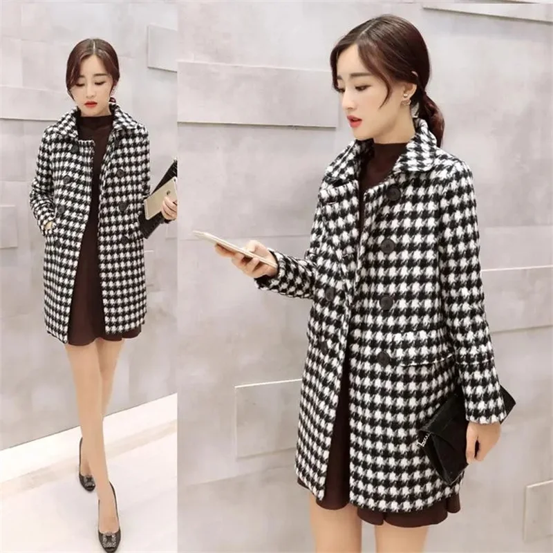 Dámsky vlnený kabát Jeseň zima nová dvojitá dojnatá čierna a biela kockovaná kotlo kórejská módna vlnená bunda 4xl