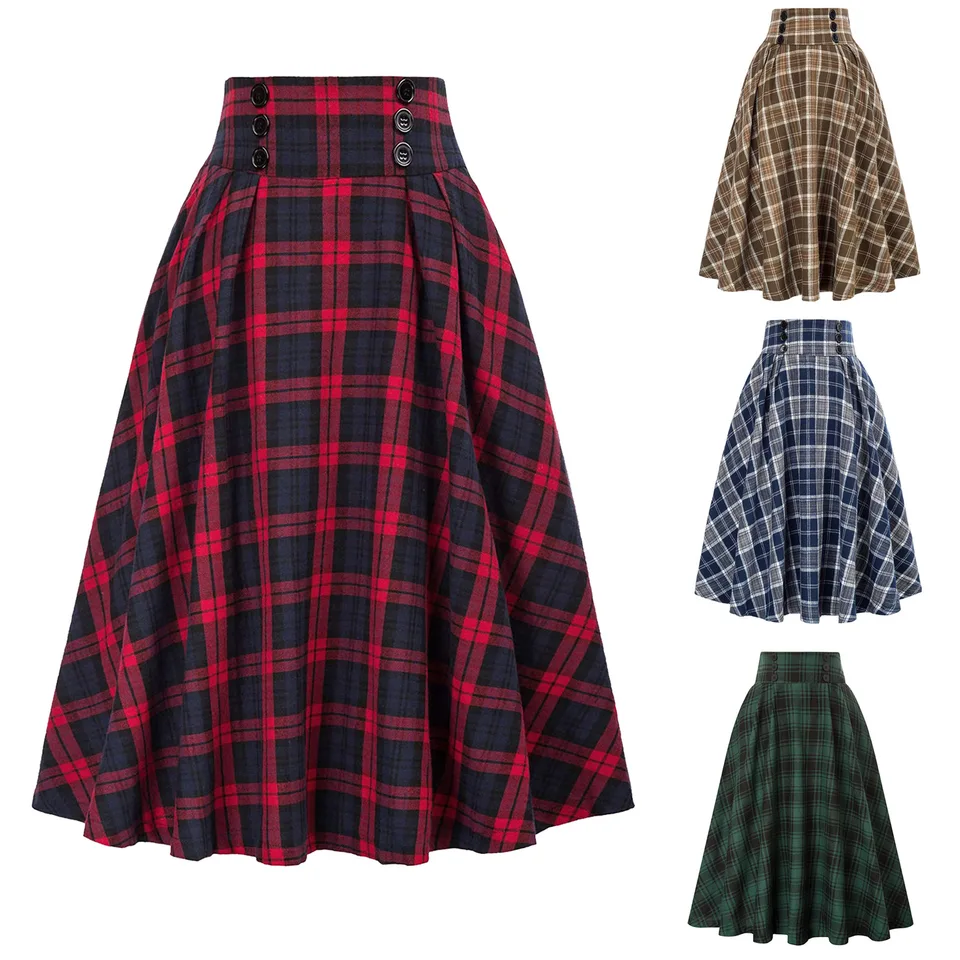 Dámsky vysoký pás Plaid Big Swing Autumn a Winter Fashion Dámske dámske elastické pásové sukne A-Line