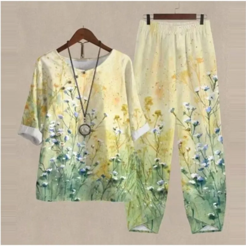 Dámy elegantné vintage plus veľkosti súpravy pre ženy uvoľnené tričko s krátkym rukávom High Pants Pants Tlač príležitostných dvojdielnych súprav oblečenia