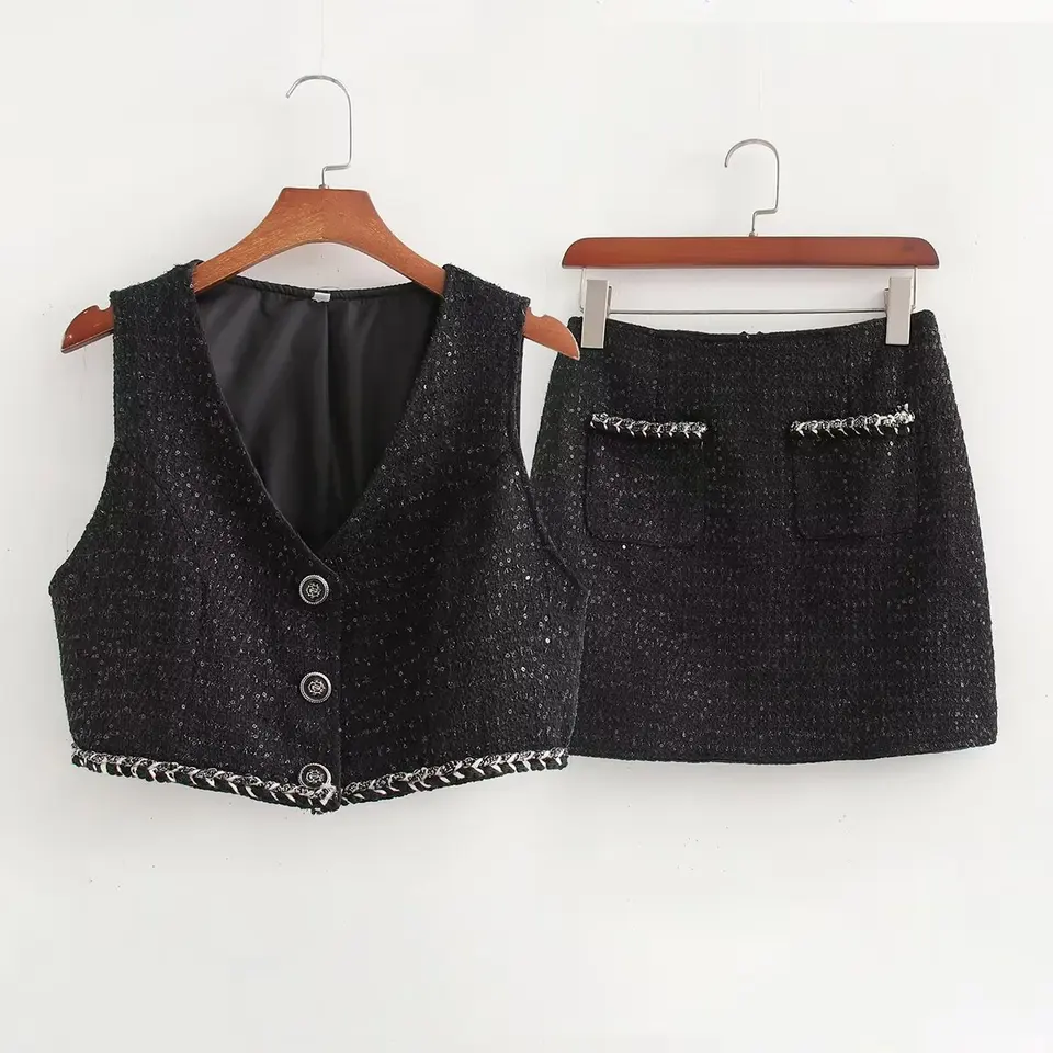 Dámy nové módne čisté farby Chanel v štýle V-Neck Short Top High Asa sukňa dvojdielna súprava