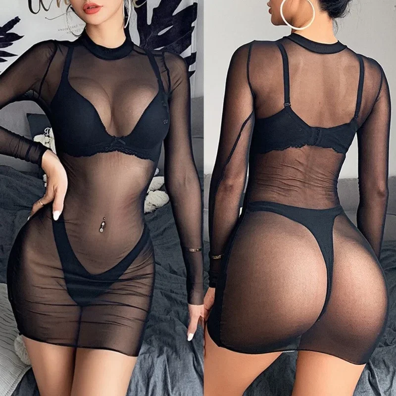 Dámy sexy nočné dresy priehľadné košele erotické nočné košele Pozrite sa cez podväzky na podväzky na spodnú bielizeň pyžamy mini sukne 18 Set 18