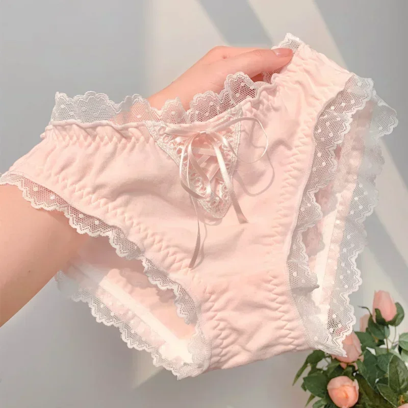 Dámy sexy čipky kravata ružové ružové vysokoškolské štýl sladké lolita čistá túžba bavlnené nohavičky dámske šaty módne priedušné vlnové bodky