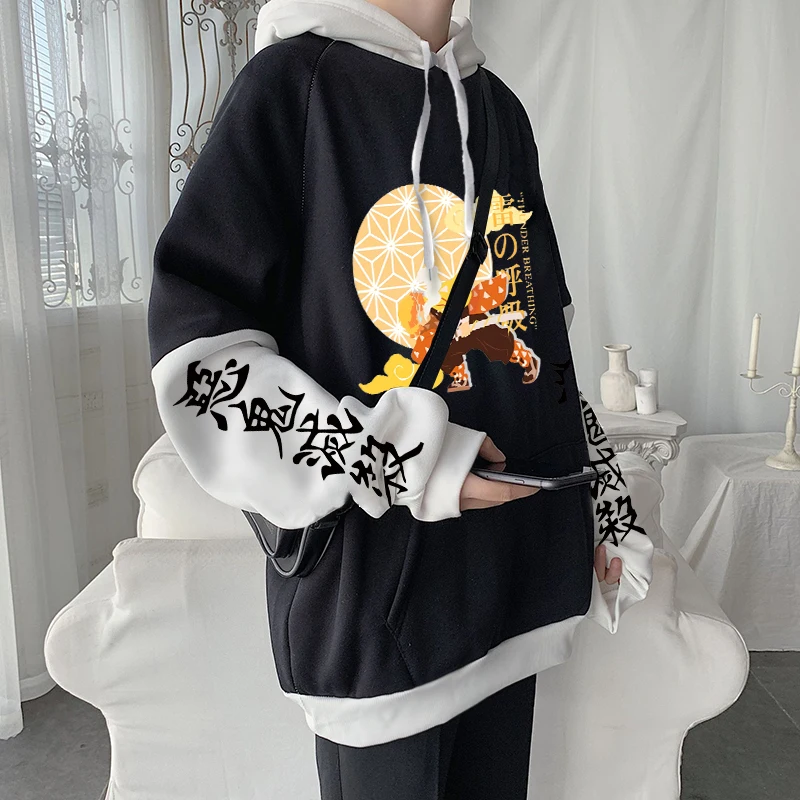 Démon Slayer Zenitsu Agatsuma Anime Hoodie Nadmerná rukáv Muckí mikina harajuku plus kimetsu no yaiba manga mikiny