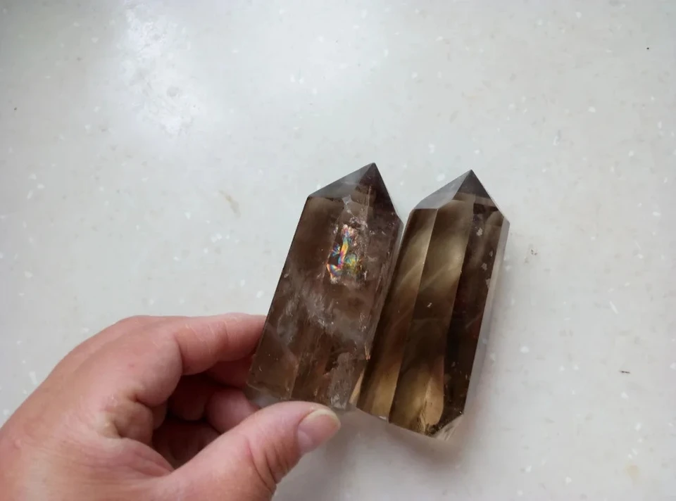 Dúha !!! 2pcs Natural Smoky Citrine Quartz Crystal Point Hedenie 335,5 g