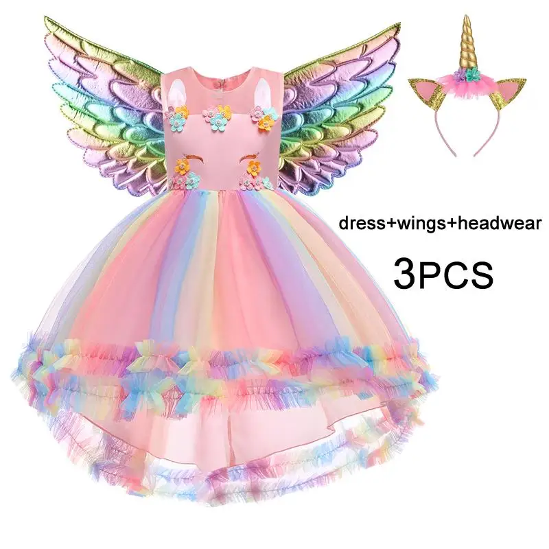 Dúha Unicorn Princess Girls Dievčatá koncerta Pastel ružové kvetinové narodeninové oslavy šaty pre dievča Tulle Halloween Cosplay kostým