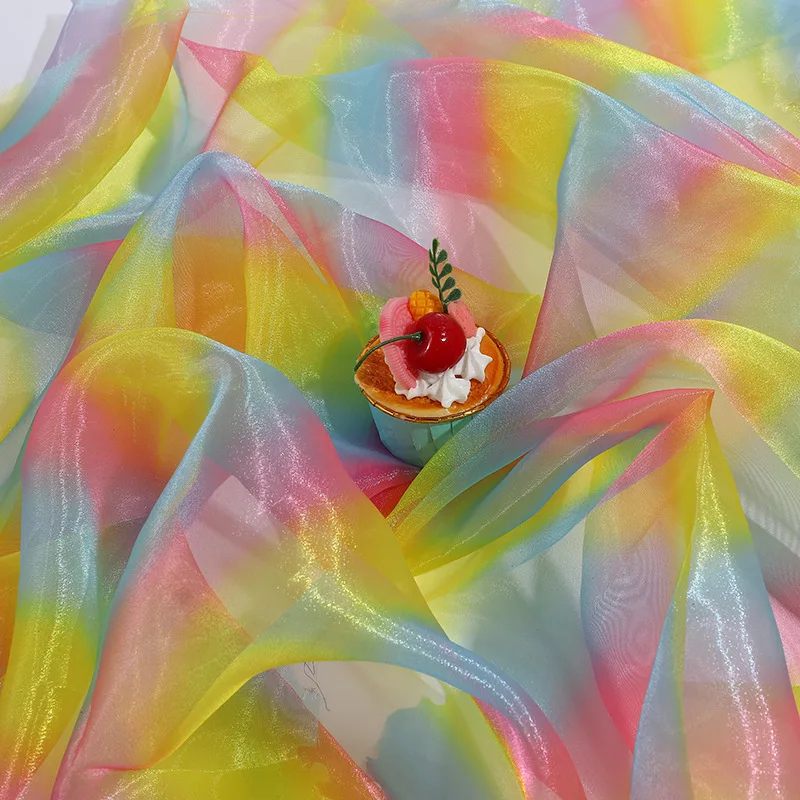 Dúhová tkanina Multicolor Gradient Organza Tricolor priadza farebná sieťová tkanina Denná odevná hračka hlava hlavy