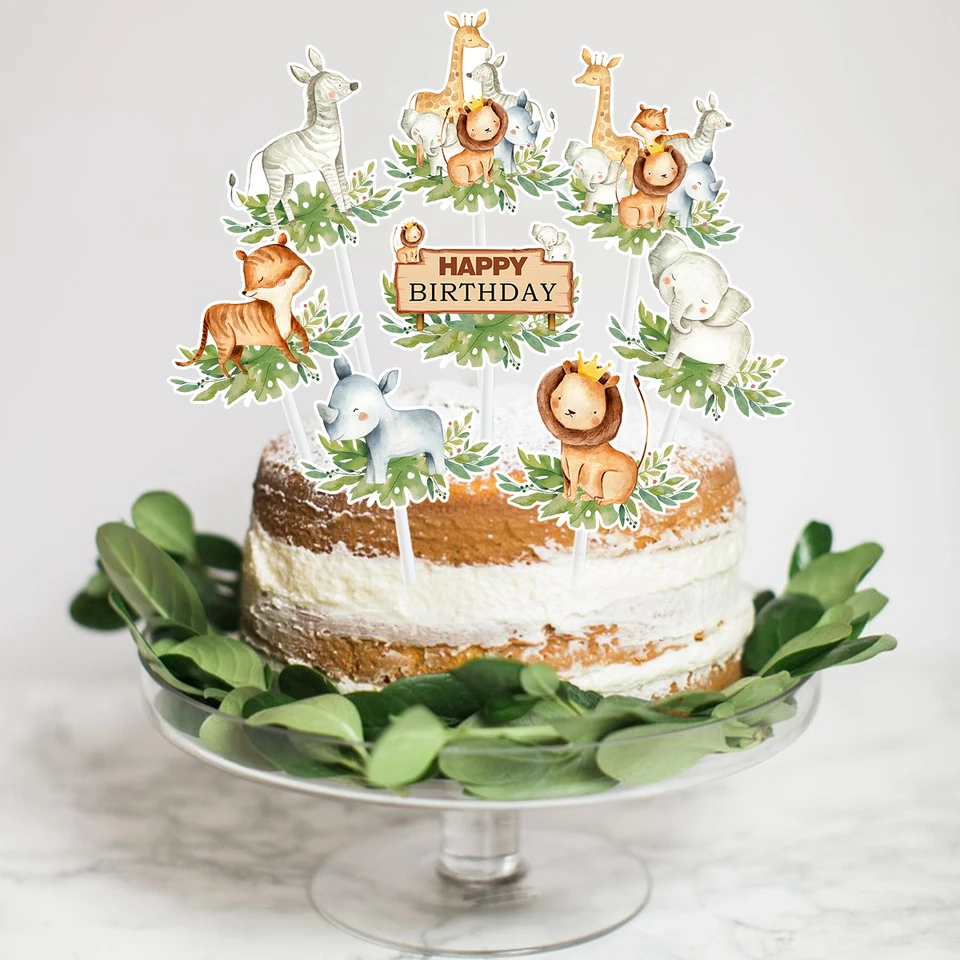 Džungľa safari narodeninová torta Topper Zoo žirafy lev džungle večierky Dodávky zvierat k narodeninám tém