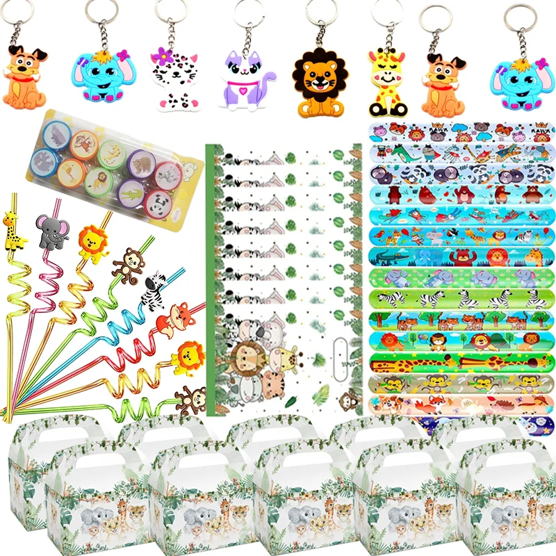 Džungľa Safari Party uprednostňuje zvieratá nálepky Keychains Snap náramok pre deti narodeniny pre chlapcov Dievčatá Party Party