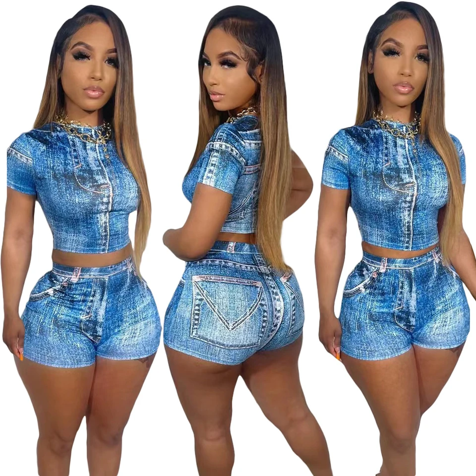 Džínsové krátke súpravy Dámske oblečenie Streetwear Summer Casy Two -Piece Outfit Skinny Ladies Jean Blue Print Top a Shorts Set