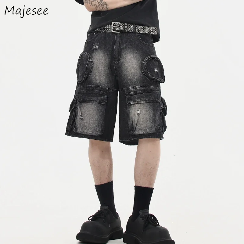 Džínsové nákladné kraťasy Muži vintage voľný vrecká na vrecká na umyté streetwear pekná osobnosť leto americký módny hombre