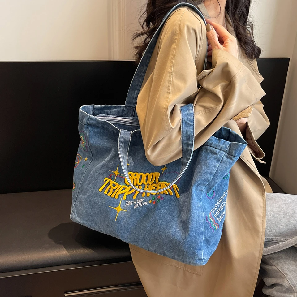 Džínsové ramenné taška plátno vyšívané písmená kabelka Príležitostné cestovné nakupujúci retro hobo taška veľká kapacita podriadatá taška