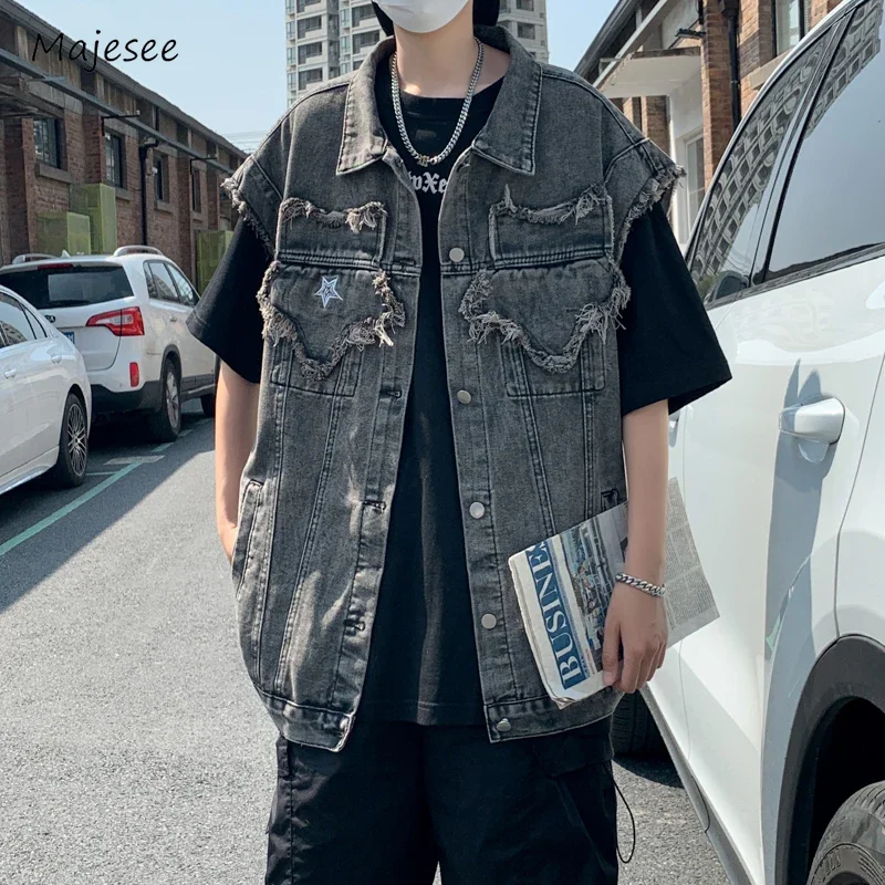 Džínsové vesty muži Príležitostné voľné voľné denné surové hrany Letné leto Simple bez rukávov Streetwear tínedžeri americký štýl módna výšivka Chic Chic
