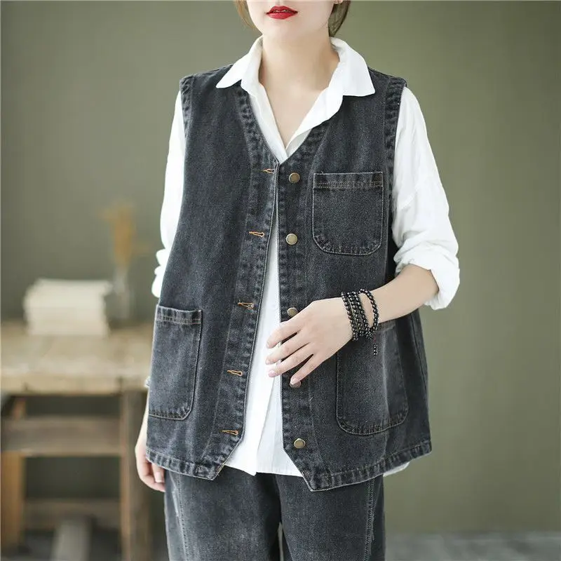 Džínsové vesty Ženy Kórejský retro Solid Harajuku Casual Fashion All-Match jednoduché vrecká na streetwear Nový dizajn Útulný vesta Femme