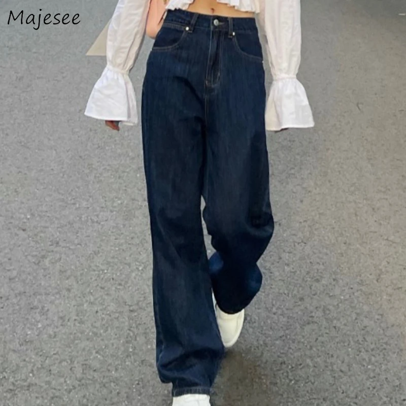 Džínsy módne vintage Solid Navy široká noha celá dĺžka elegantné streetwear High Was Kórejský štýl Party ženské dievčatá Najnovšie
