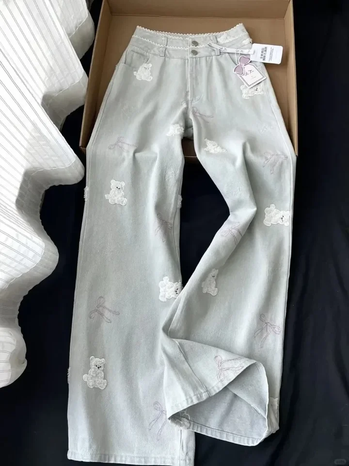 Džínsy široké nohy s vysokým pásom džínsové nohavice americké vintage ženy luk y2k nohavice kawaii preppy štýl vyšívací medveď rovno