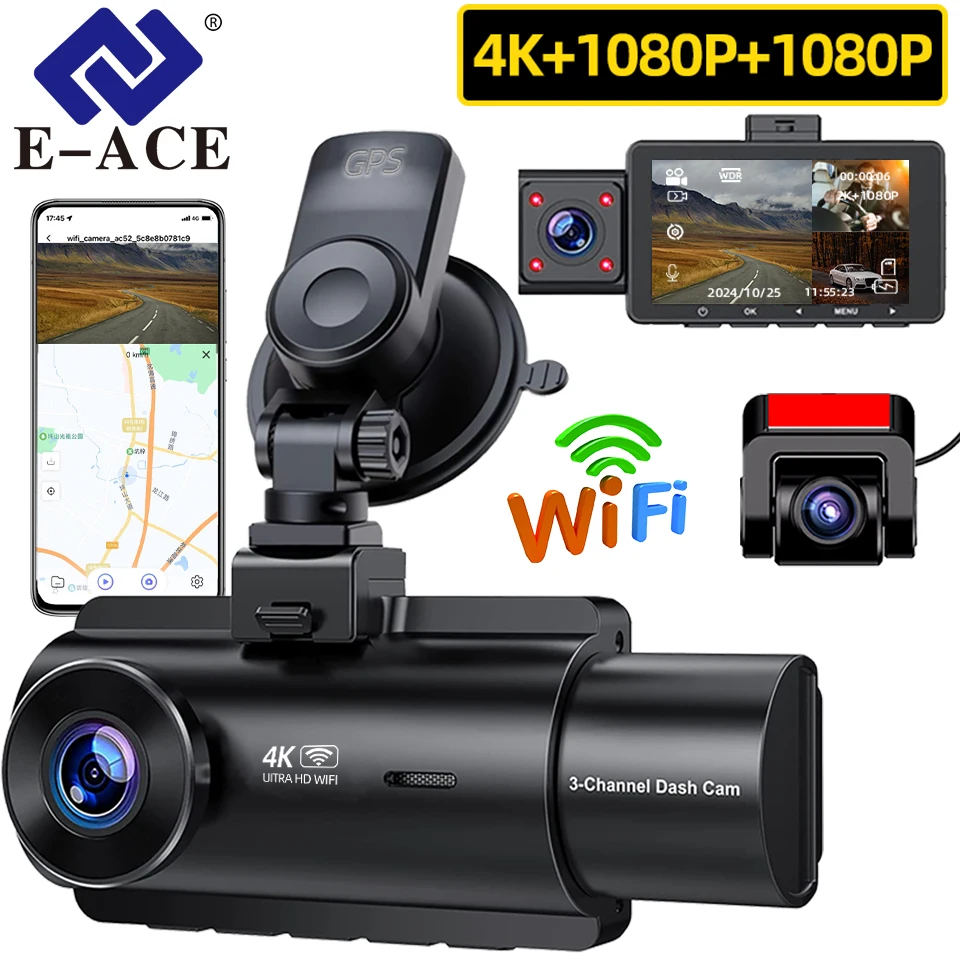 E-ACE 3 kanál DASHCAM 4K GPS WIFI 24H PARKING CAR DVR DVR DVR VIDEA VIDEAKO REGORODROBER CAM Čierna skrinka predný a zadný automatický systém USB